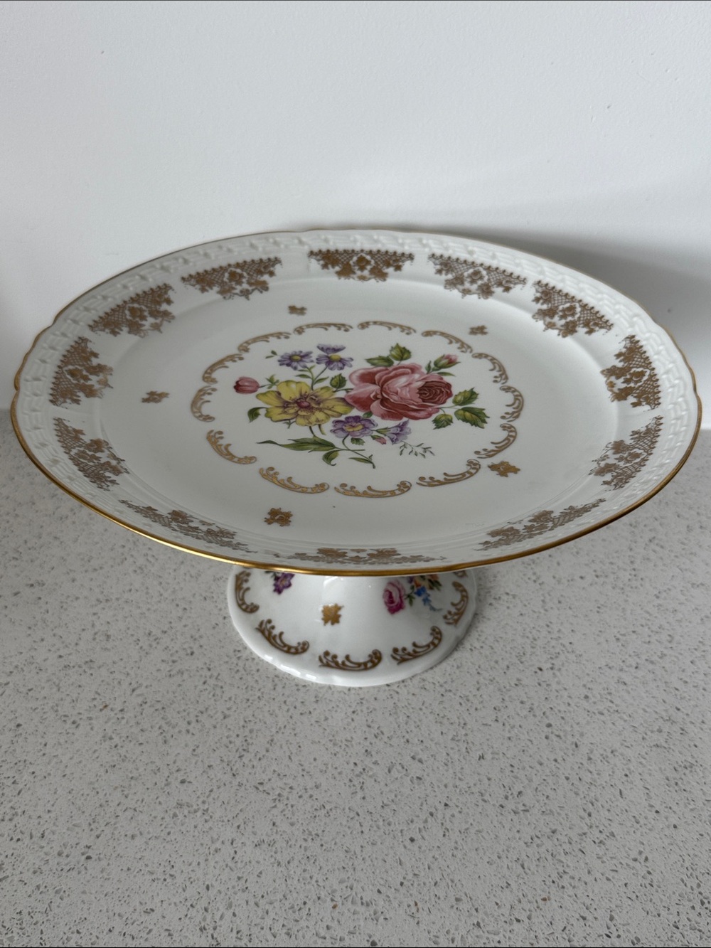 Vintage Limoise Couleuvre Porcelain Floral Hand Painted Gold Cake Stand